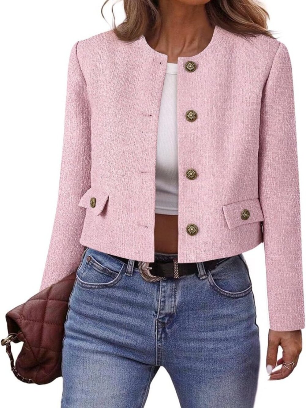 Chic Women's Cropped Tweed Blazer Jacket - Collarless, Button Down, Stylish